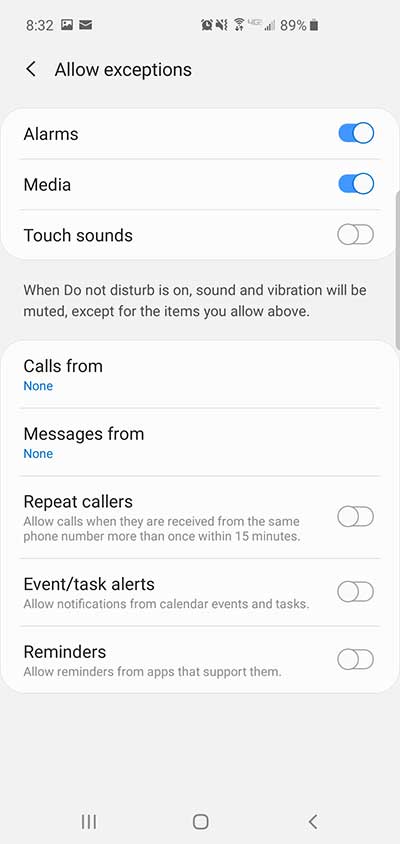 Samsung S10 Exceptions Settings